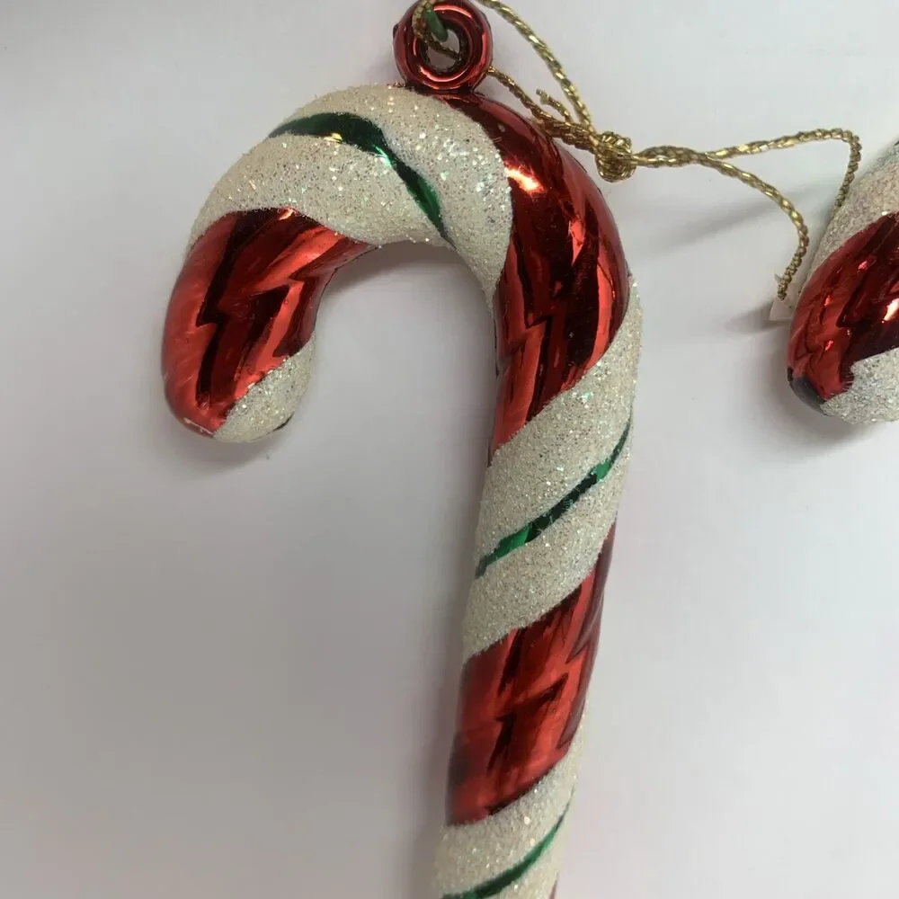 Glass Candy Cane Christmas Ornaments Lot Of 2 Glitter Holiday Decorations 7.5”